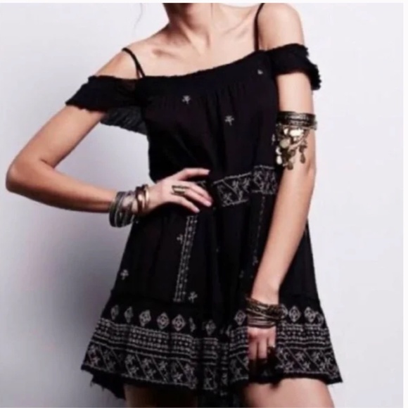 Free People Cotton Off Shoulder Embroidered Boho Whimsygoth Mini Dress - Picture 1 of 6